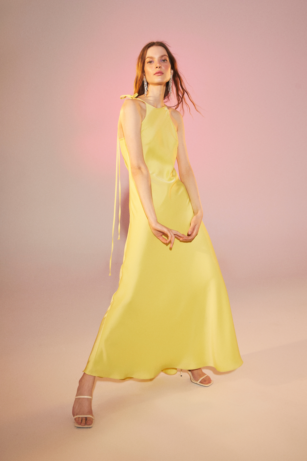 addie yellow dress Satin Long in Lime Light The flowy tiered silhouette Kylie Jenner Stormi Webster Color:Blue Watercolour info-complete